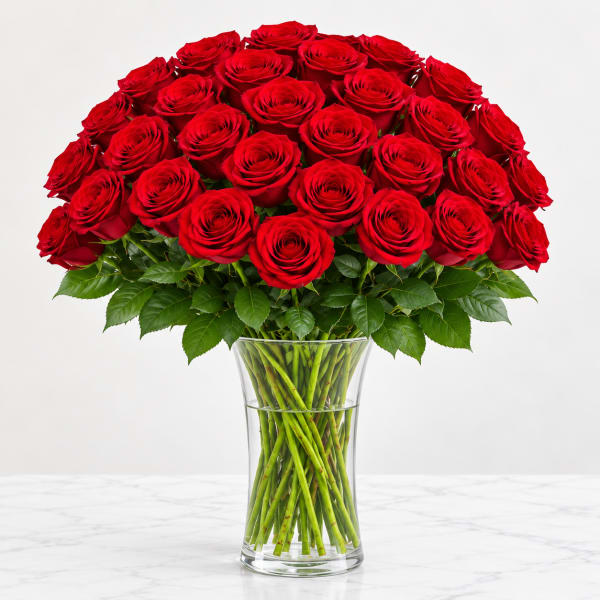 Bouquet of red roses in a clear glass vase