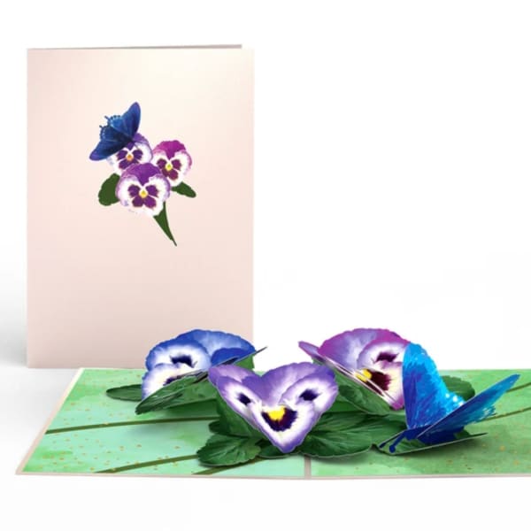 Pop-up card with purple pansies and blue butterflies