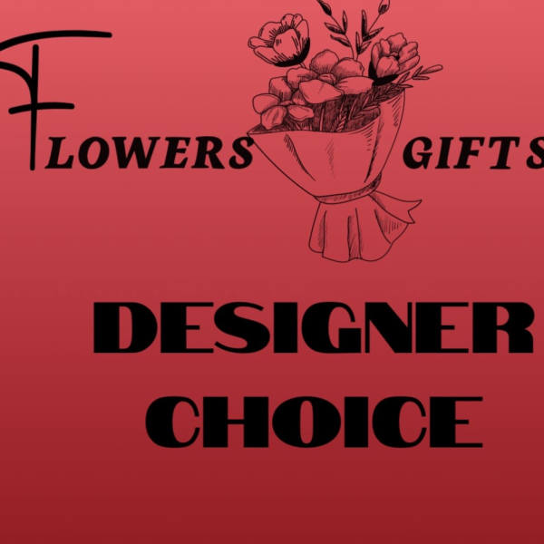 Red floral shop graphic with a bouquet illustration and the words Flowers Gifts Designer Choice