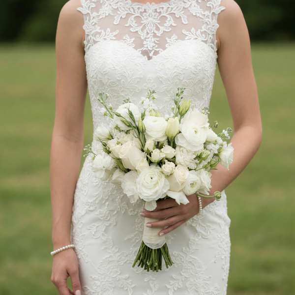 Bride holding a white bouquet with roses and ranunculus
