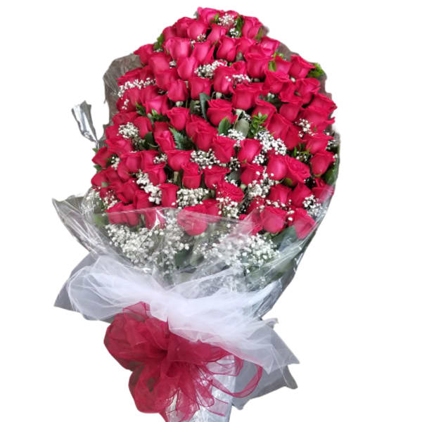 Bouquet of hot pink roses wrapped in clear and white paper with a red bow