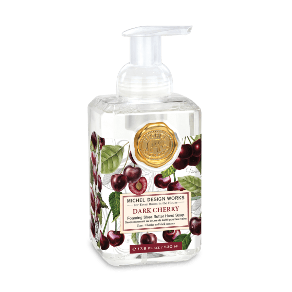 Bottle of dark cherry hand soap with a pump dispenser