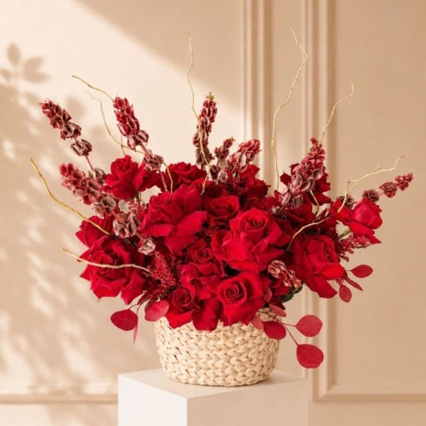 Red rose arrangement in a woven basket with tall decorative branches