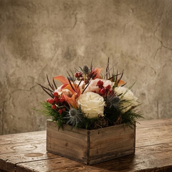 White roses and orange calla lilies in a wooden box