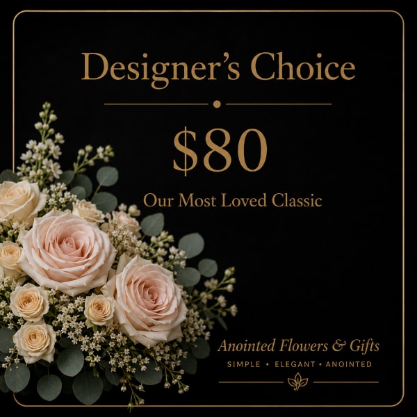 Designer’s Choice floral arrangement with blush roses and white filler flowers