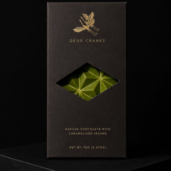 Box of matcha chocolate with caramelized sesame