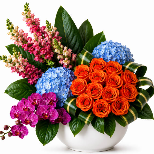 Mixed bouquet in a white bowl vase with orange roses, blue hydrangeas, pink snapdragons, and purple orchids