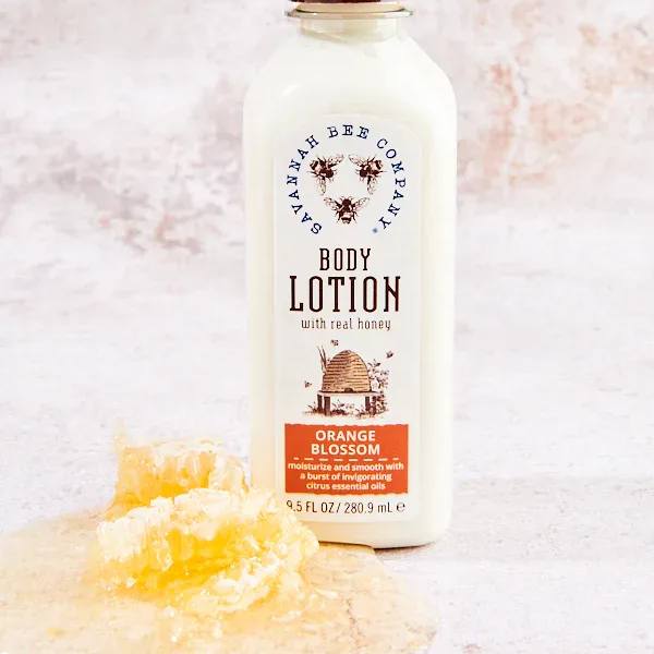 Bottle of orange blossom body lotion with a pump dispenser