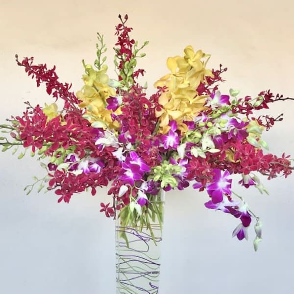 Colorful orchid arrangement in a tall clear glass vase