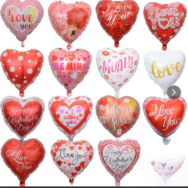 Assorted heart-shaped Valentine balloons with love messages