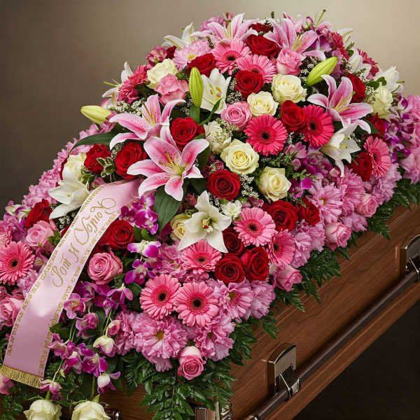 Pink and red floral casket spray with a ribbon on a wooden casket
