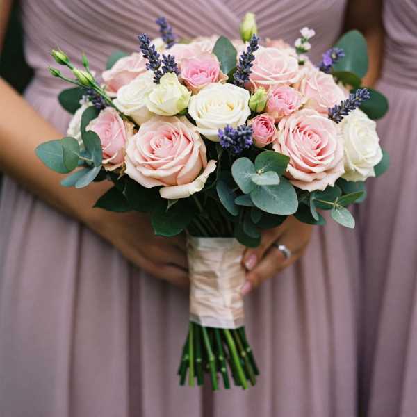 Handheld bouquet of pink and white roses with purple accents