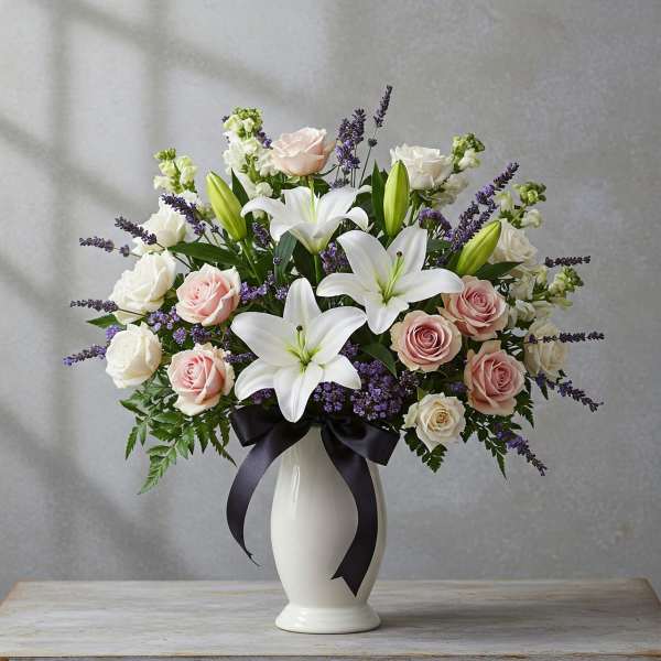 White lilies and pink and white roses in a white vase with a black ribbon
