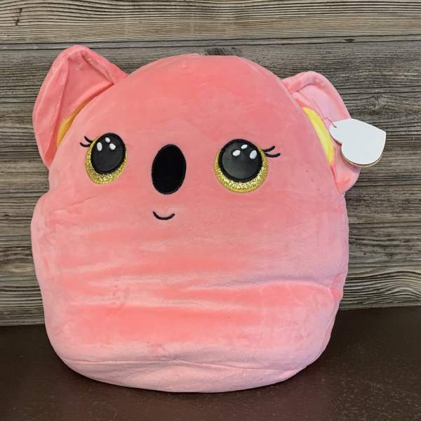 Pink plush koala toy with glittery eyes and a heart tag