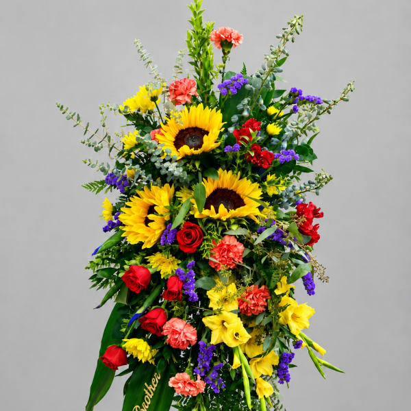 Tall standing floral spray with sunflowers, roses, and carnations on an easel