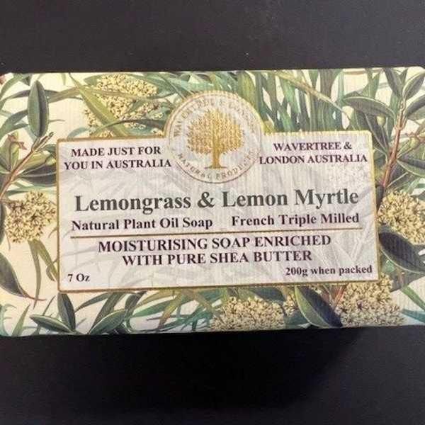 Bar of lemongrass and lemon myrtle soap in printed packaging