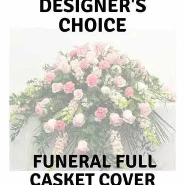 Pink and white funeral casket cover with mixed flowers
