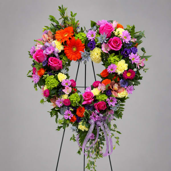 Heart-shaped floral wreath on a stand with bright mixed blooms and a purple ribbon