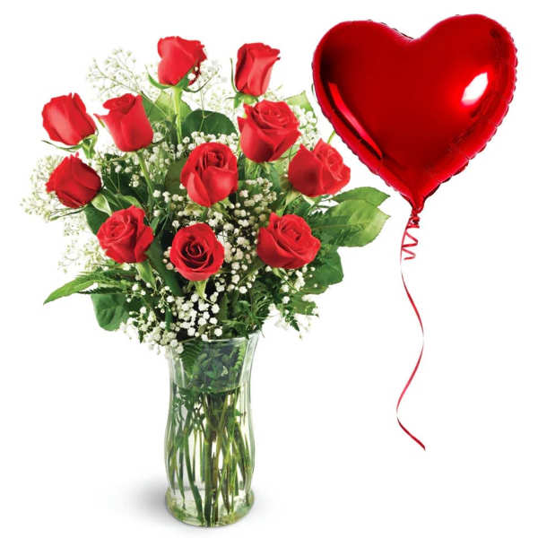 Red roses in a glass vase with a red heart balloon