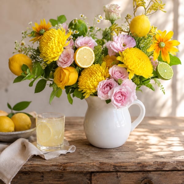 Yellow and pink flowers arranged in a white pitcher with citrus slices