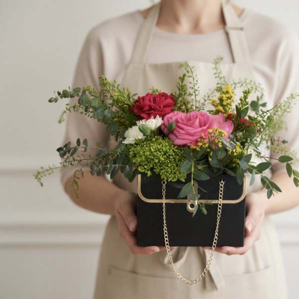 Mixed pink and red flowers in a black box with a gold chain handle