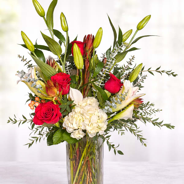 Classic Red Rose, Stargazer & White Calla Lily Arrangement