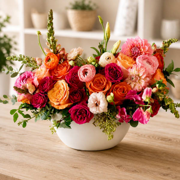 Bright mixed flower arrangement in a white bowl vase