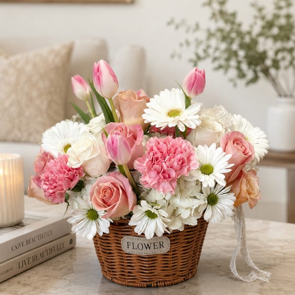 Pink and white flowers arranged in a wicker basket on a table