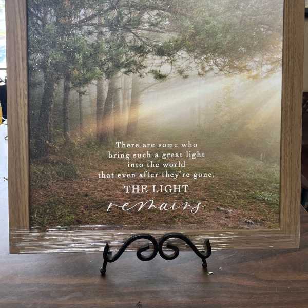 Framed memorial sign with a forest scene and the words "The light remains"