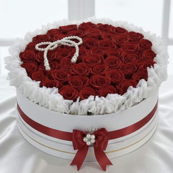 Round box filled with red roses and white ruffled trim, topped with a pearl bow