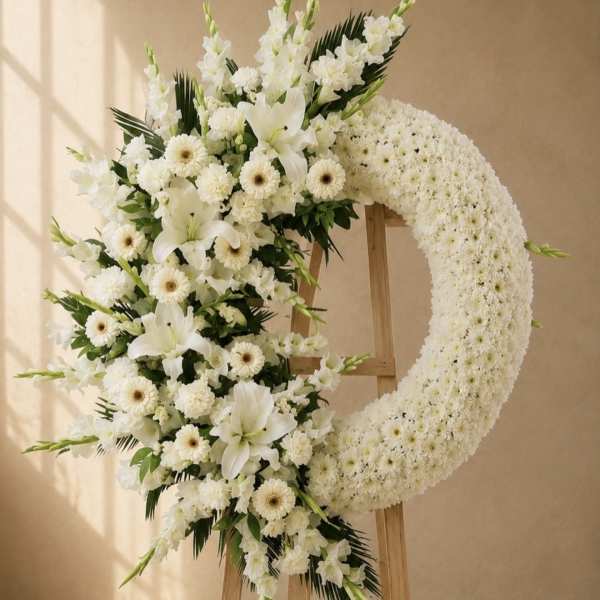White floral funeral wreath on a wooden stand