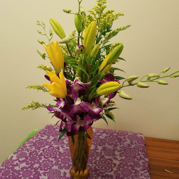 Purple orchids and Yellow Lilies