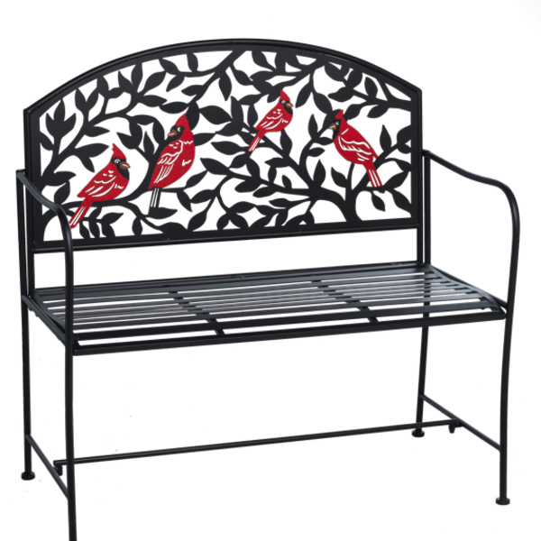 Black metal bench with red cardinal cutout backrest