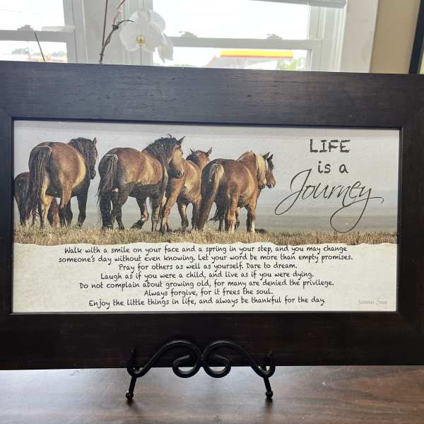 Framed wall art with horses and the words "Life is a Journey"