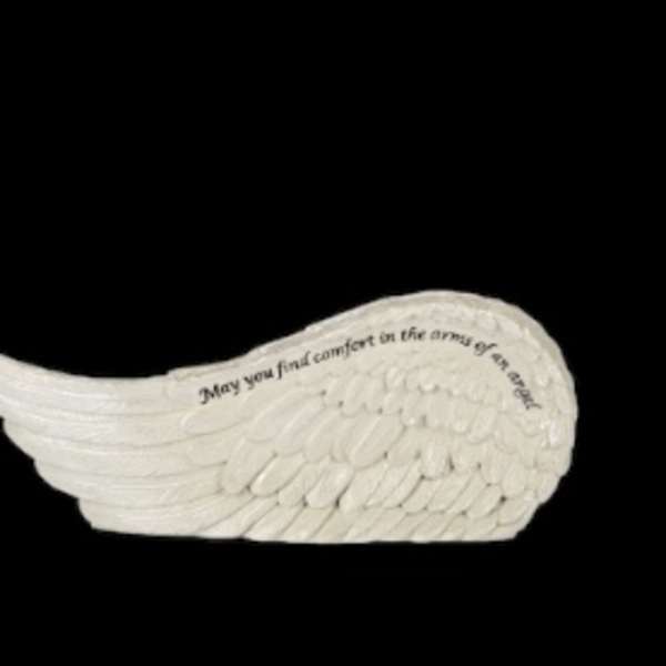 White angel wing memorial ornament with printed text