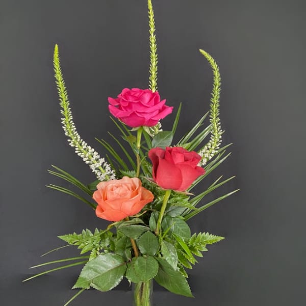 Three roses in a small glass vase with tall green spikes