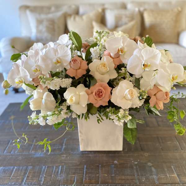 White orchids and peach roses in a square vase