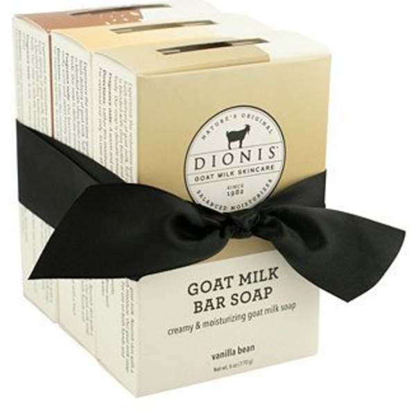 Boxed goat milk bar soap tied with a black ribbon