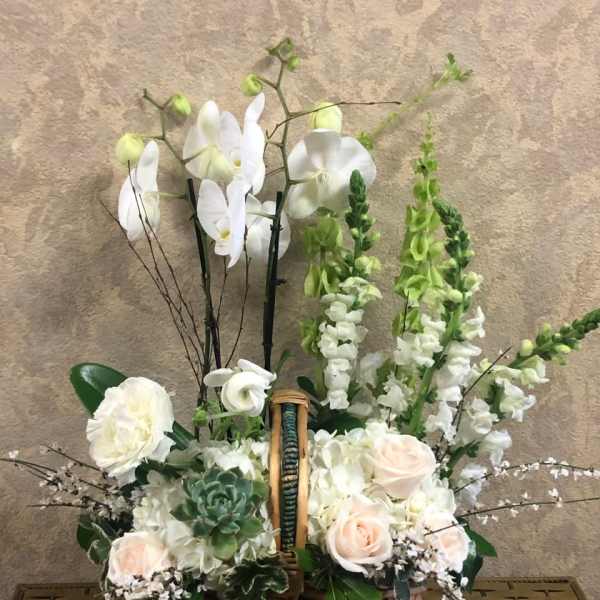 White orchids and pale roses arranged in a wicker basket with a succulent