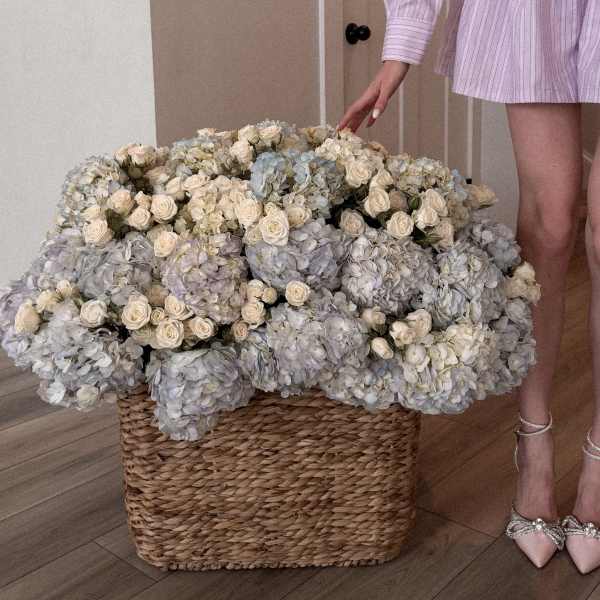 Large basket arrangement of cream roses and pale blue hydrangeas
