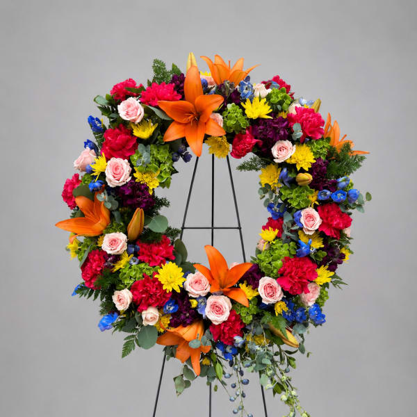 Colorful floral wreath on a black stand with orange lilies and pink roses