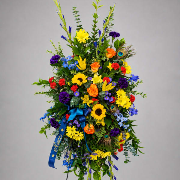 Tall standing floral spray with bright mixed flowers on a black easel
