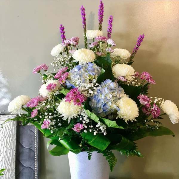 #151 WHITE MUM AND SPRING MIX ALTAR ARRANGEMENT