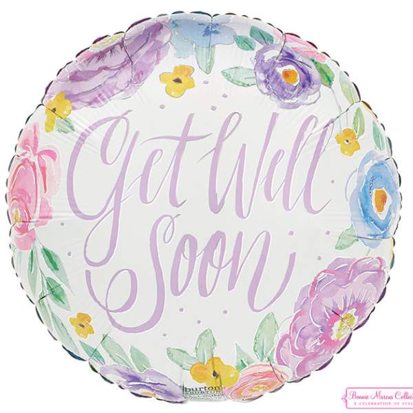 Round floral balloon with "Get Well Soon" text
