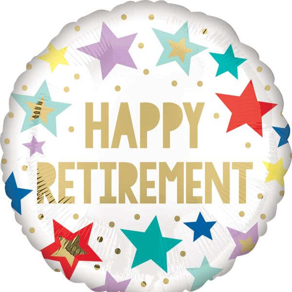 Round foil balloon with stars and the words Happy Retirement
