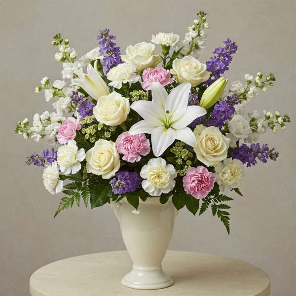 White lilies, roses, carnations, and purple flowers in a white vase