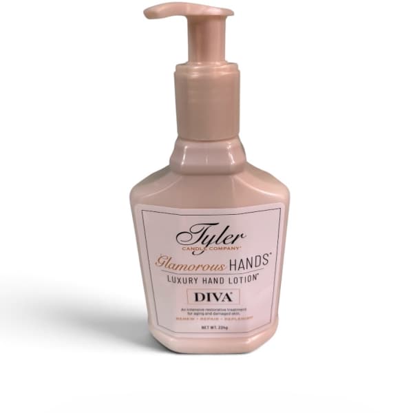 Pink pump bottle of hand lotion with a labeled front