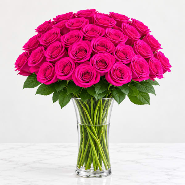 Bouquet of hot pink roses in a clear glass vase