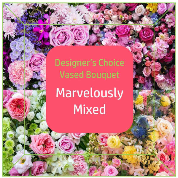 Collage of mixed pink, purple, white, and yellow flowers with text in the center