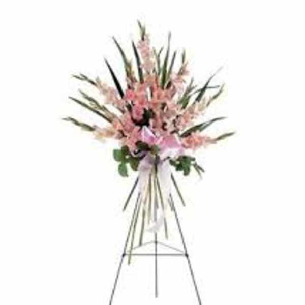 Tall pink floral spray on a standing easel